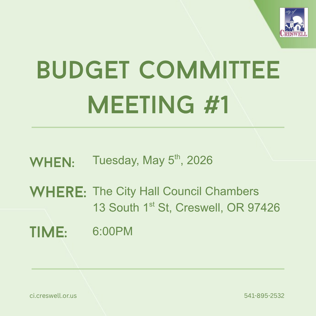 The City of Creswell Budget Committee will be meeting on Tuesday, May 5th, 2026, at 6pm in the Council Chambers of Creswell City Hall. Members of the public are welcome to attend, and the meeting will be livestreamed on Facebook and YouTube.