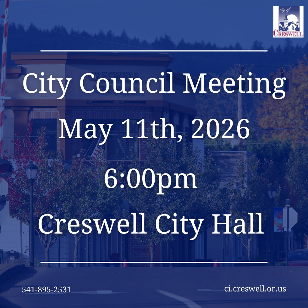 The Creswell City Council will hold their monthly meeting on Monday, May 11th, 2026, at 6:00pm in the Council Chambers of Creswell City Hall. Members of the public are welcome to attend, and the meeting will be livestreamed via Facebook and YouTube.