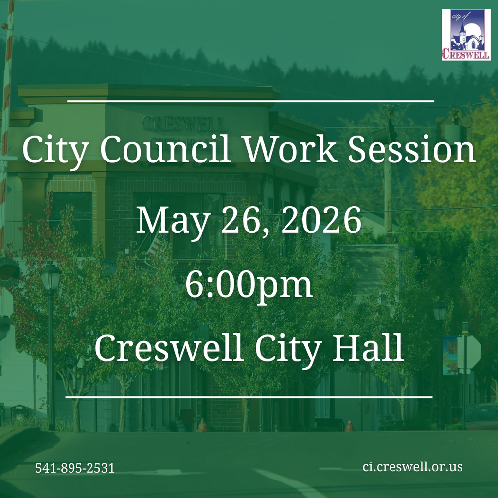 The Creswell City Council will hold their monthly work session on Tuesday, May 26th, 2026, at 6:00pm in the Council Chambers of Creswell City Hall. Members of the public are welcome to attend, and the meeting will be livestreamed via Facebook and YouTube.