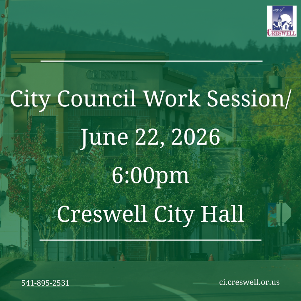The Creswell City Council will hold their monthly work session on Monday, June 22nd, 2026, at 6pm on the Council Chambers of Creswell City Hall. Members of the public are welcome to attend, and the meeting will be livestreamed on Facebook and YouTube.