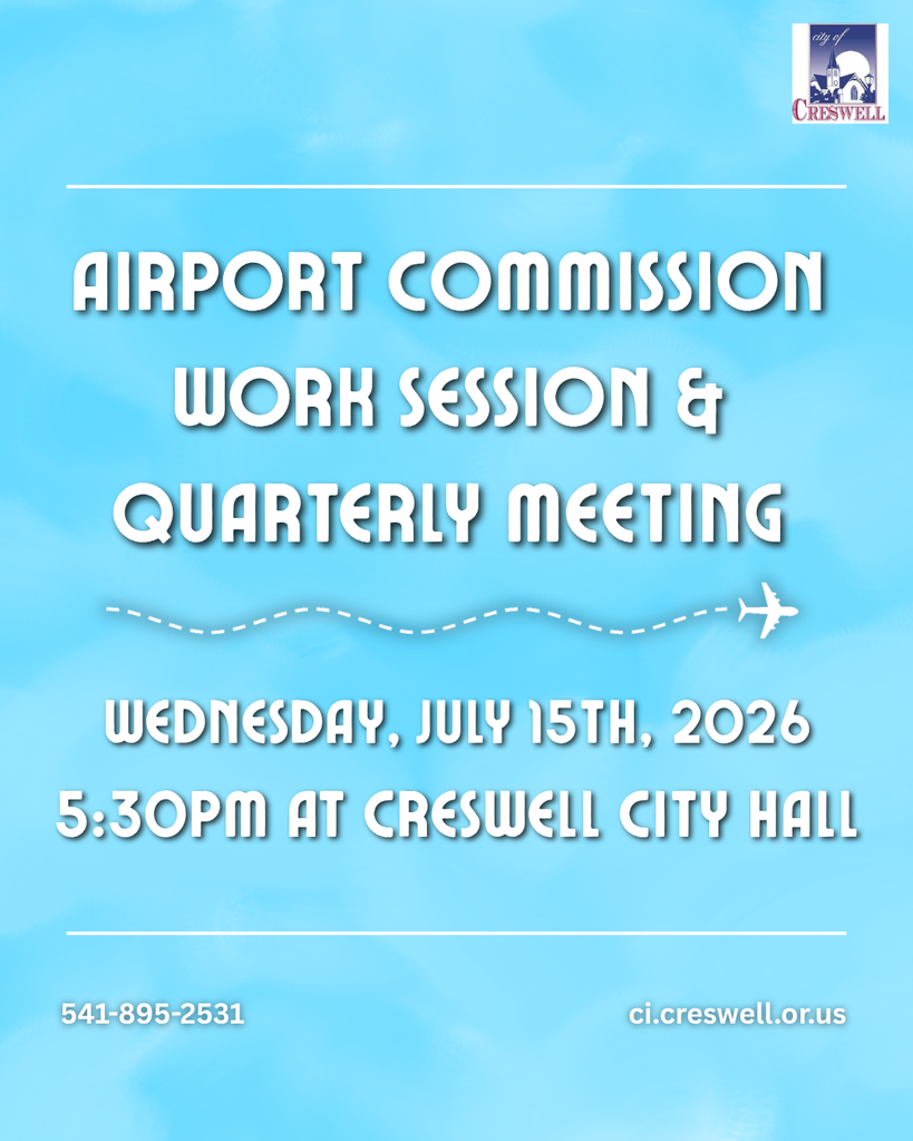 The Creswell Airport Commission will hold a Work Session followed directly by a Quarterly Meeting on Wednesday, July 15th, 2026. They will begin at 5:30pm in the Creswell City Hall Conference Room. Members of the public are welcome to attend. 