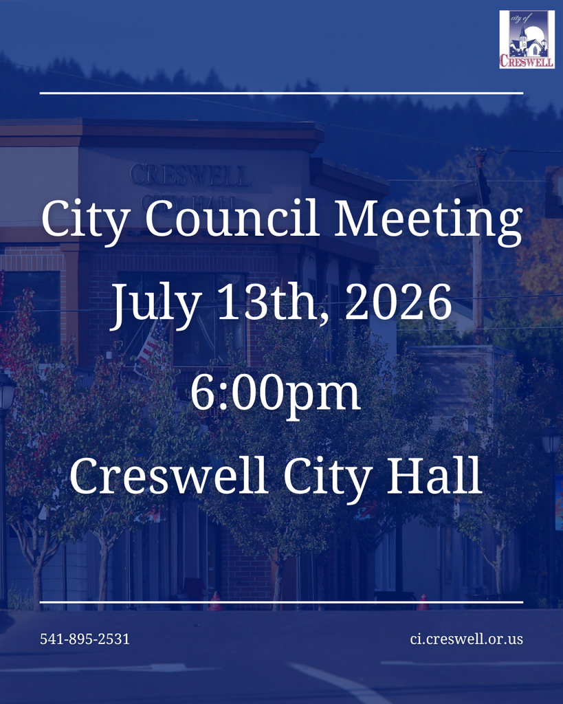 The Creswell City Council will hold their monthly meeting on Monday, July 13th, 2026, at 6pm in the Council Chambers of Creswell City Hall. Members of the public are welcome to attend, and the meeting will be livestreamed on Facebook and YouTube.