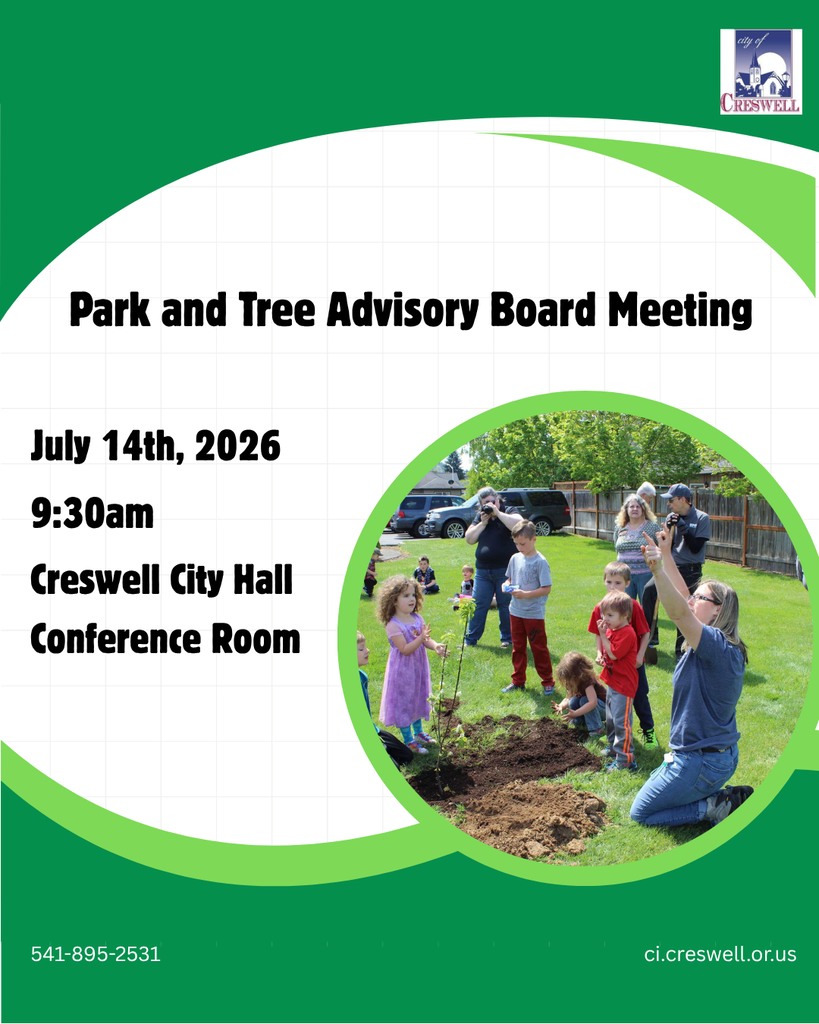 The Creswell Park and Tree Advisory Board will hold their monthly meeting on Tuesday, July 14th, 2026, at 9:30am in the Creswell City Hall Conference Room. Members of the public are welcome to attend. 