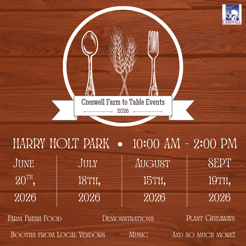 Our next Farm to Table Event is only a week away! You will not want to miss out on all the wonderful things that our local vendors have in store for you! Join us at Holt Park from 10am to 2pm on Saturday, June 20th, 2026, for farm fresh produce, locally sourced baked goods, music, and more!