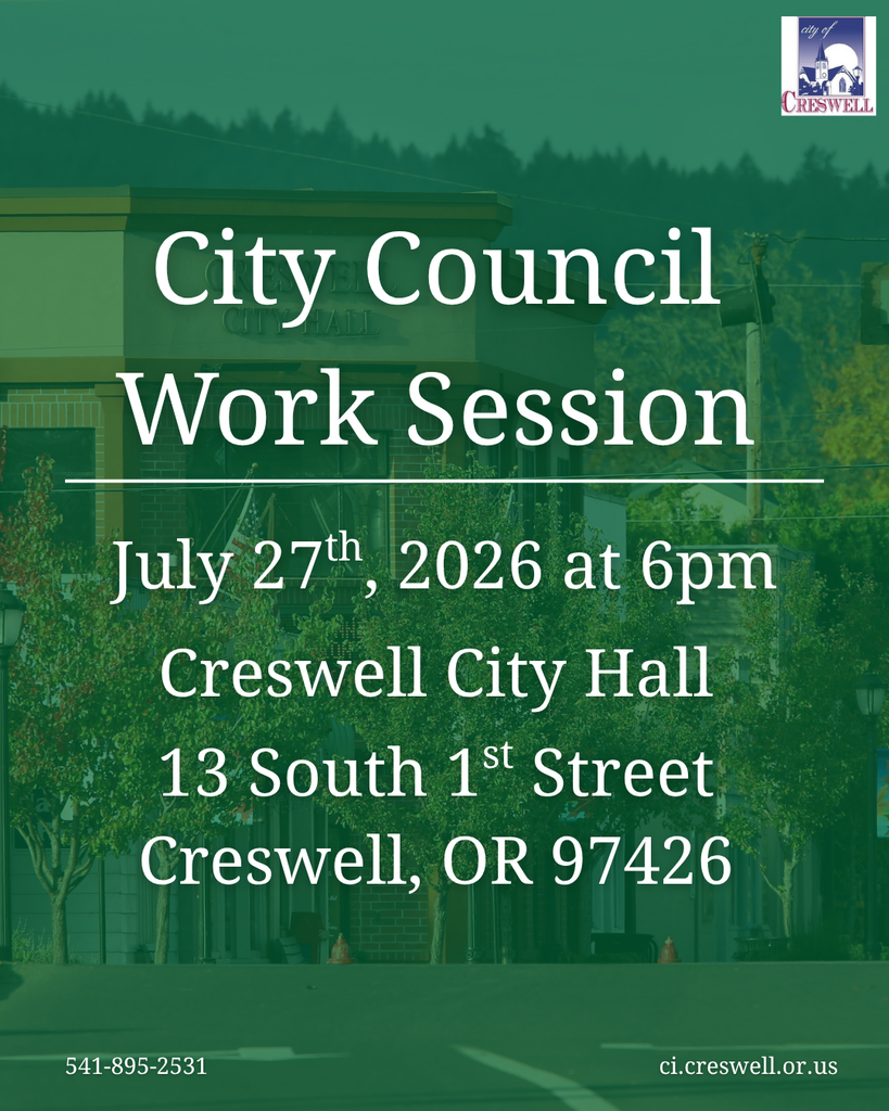 The Creswell City Council will hold their monthly work session on Monday, July 27th, 2026, at 6:00pm in the Council Chambers of Creswell City Hall. Members of the public are welcome to attend, and the meeting will be live streamed on Facebook and YouTube. 