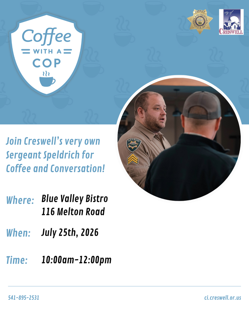 Join Sergeant Speldrich for Coffee and Conversation! Coffee with a Cop is tomorrow from 10am to 12pm at Blue Valley Bistro