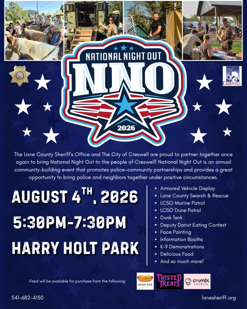 National Night Out is just one week away! Join us at Holt Park from 5:30pm to 7:30pm on August 4th, 2026, for a night of fun activities, safety education, and community building with our local law enforcement officers! Food will be available for purchase from Twisted Treats, Good Dog Hot Dogs, and Crumbl Cookie.