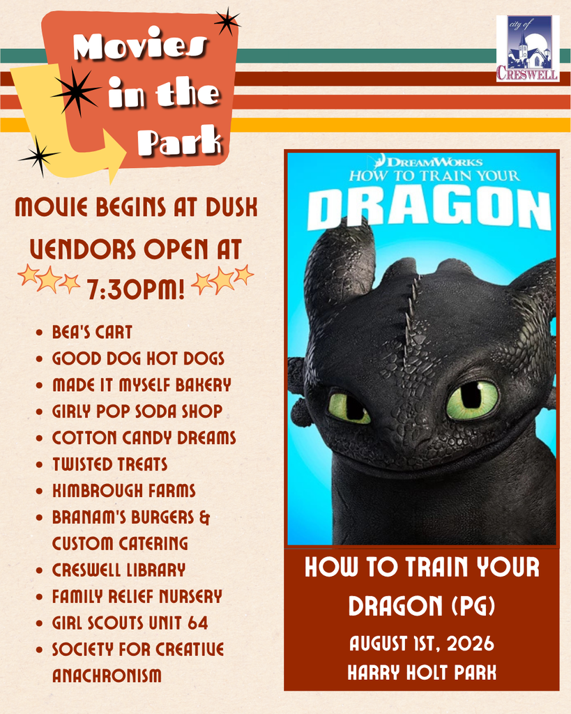 Our second Movies in the Park event is happening tonight! Join us at Holt Park for a FREE showing of How to Train Your Dragon (PG). The movie will begin at dusk and vendors will open to sell concessions and host activities starting at 7:30pm.