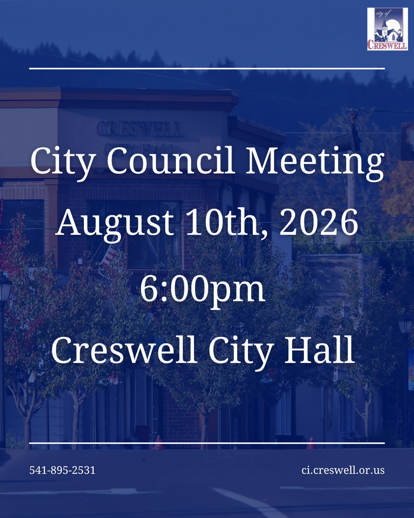 The Creswell City Council will hold their monthly meeting on Monday, August 10th, 2026, at 6pm in the Council Chambers of City Hall. Members of the public are welcome to attend, and the meeting will be livestreamed via Facebook and YouTube.