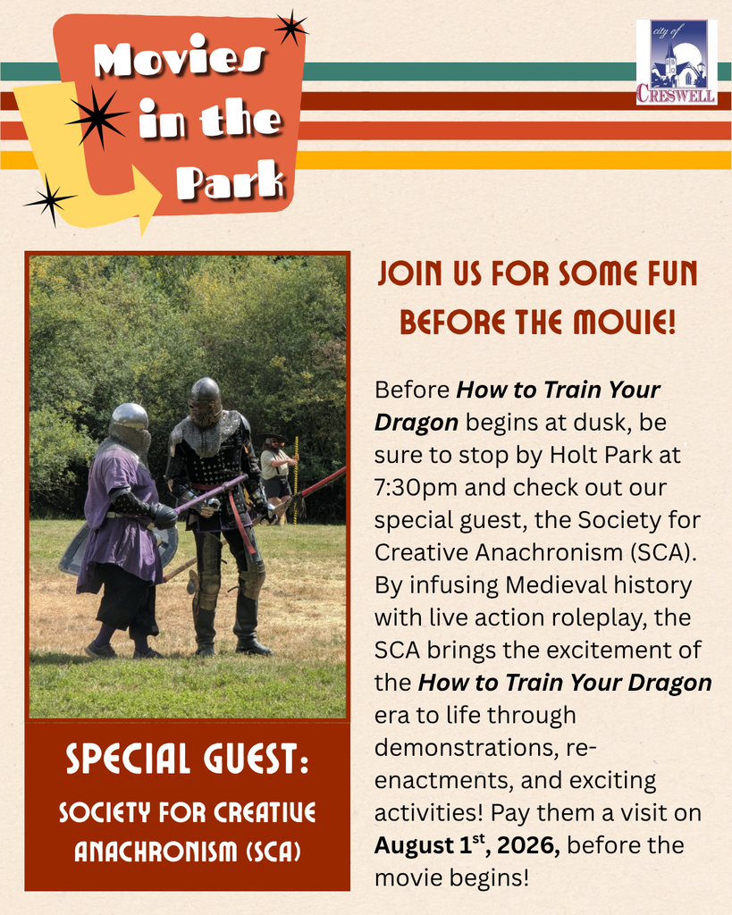 Before How to Train Your Dragon begins at dusk, be sure to stop by Holt Park at 7:30pm and check out our special guest, the Society for Creative Anachronism (SCA). By infusing Medieval history with live action roleplay, the SCA brings the excitement of the How to Train Your Dragon era to life through demonstrations, re-enactments, and exciting activities! Pay them a visit on August 1st, 2026, before the movie begins!