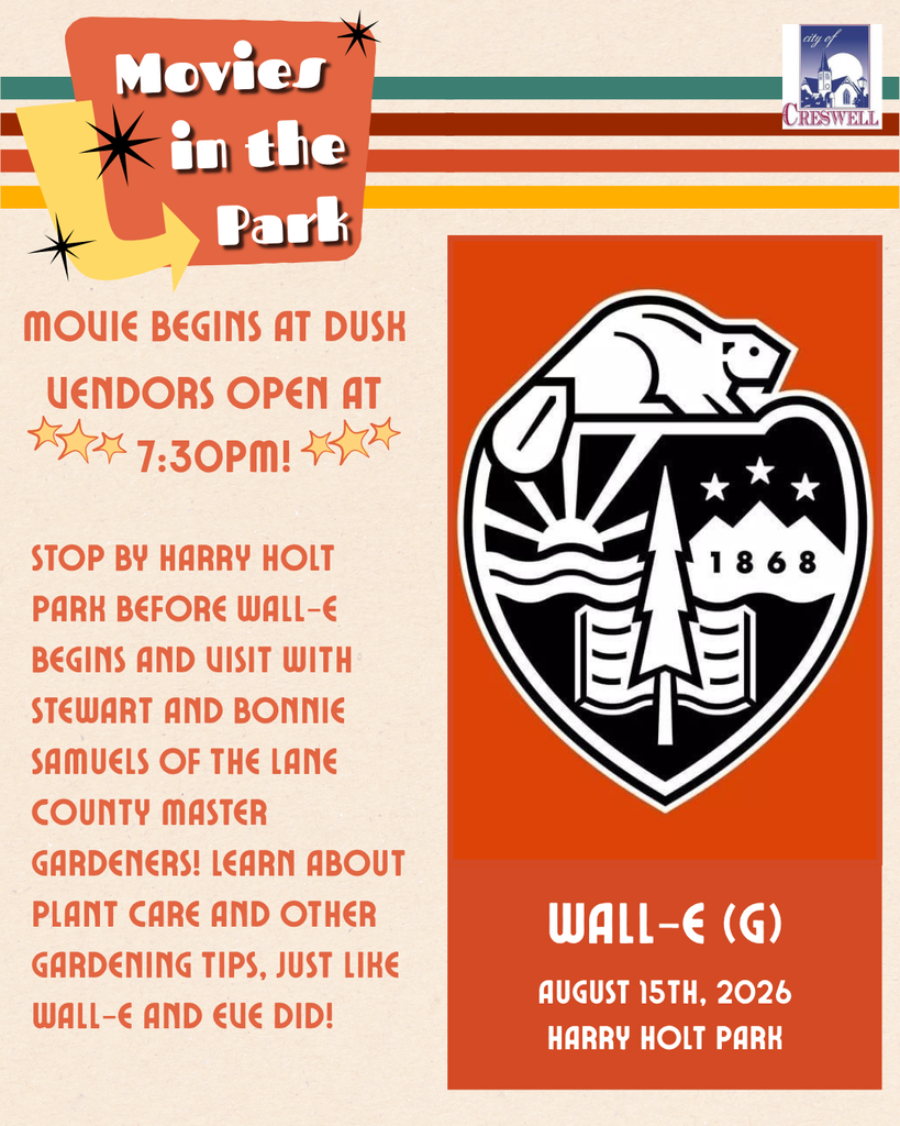 Join us for a fun treat before our FREE showing of Wall-E this Saturday! Stop by Holt Park starting at 7:30pm to visit the Lane County Master Gardeners and learn more about plants and gardening!