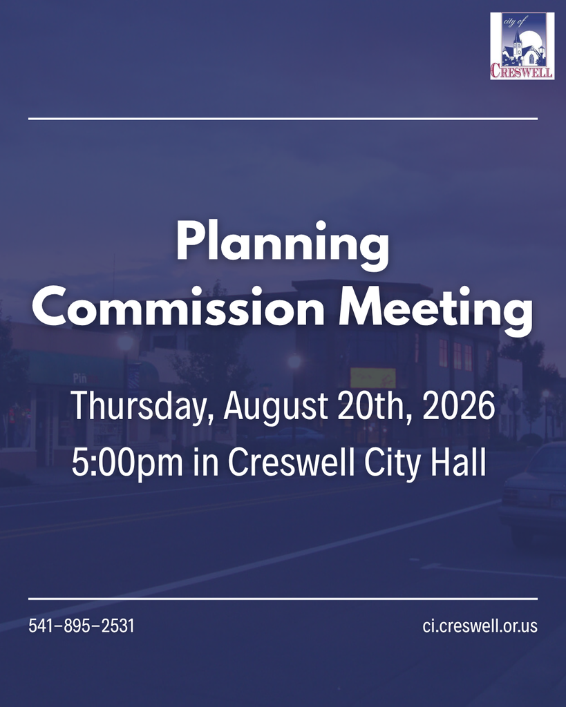The City of Creswell Planning Commission will hold their monthly meeting on Thursday, August 20th, 2026, at 5pm in the Council Chambers of Creswell City Hall. Members of the public are welcome to attend.