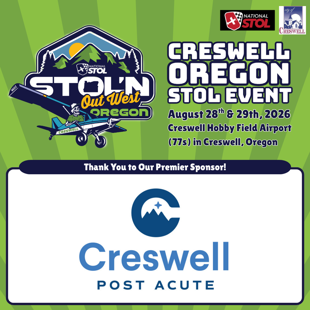 A post thanking Creswell Post Acute for being a Premier Sponsor of the Creswell STOL'N Out West Event. This event will be held on August 18th and 29th, 2026, at Creswell Hobby Field Airport.
