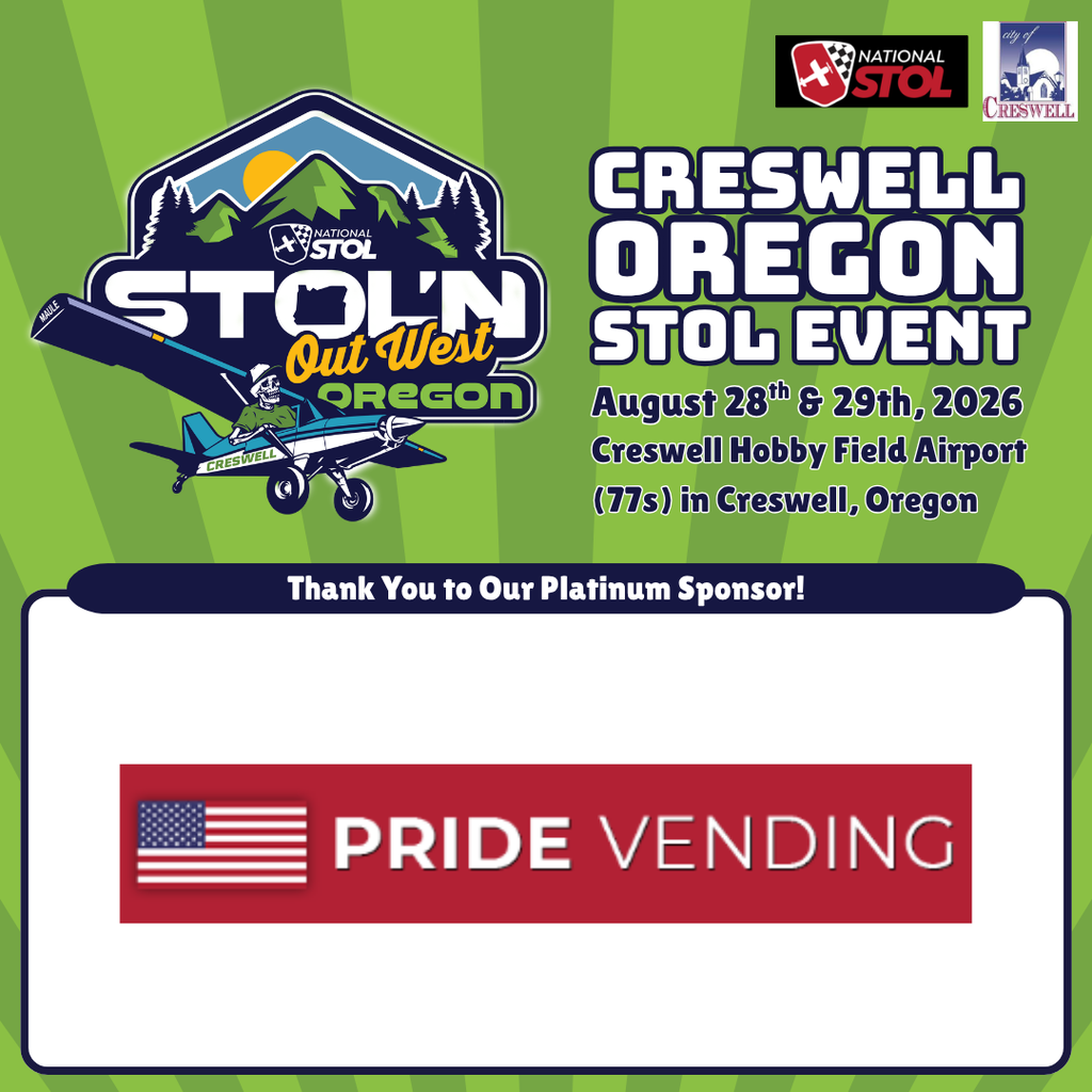 A post thanking Pride Vending for being a platinum sponsor of the Creswell STOL'n Out West event. This event will be held August 28th and 29th, 2026, at Creswell Hobby Field Airport.