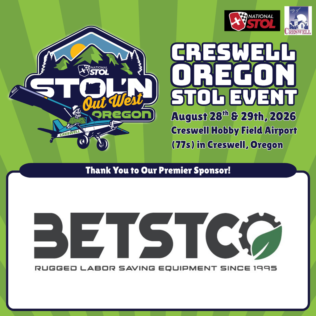 A post thanking Betstco for being a Premier Sponsor of the Creswell, Oregon STOL event. This event is happening August 28th and 29th, 2026, at Creswell Hobby Field Airport.