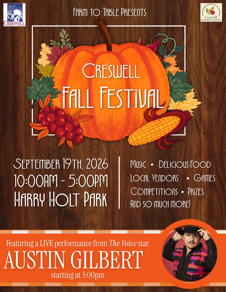 Promotional graphic for the Creswell Fall Festival. This event is happening September 19th, 2026, from 10am to 5pm at Harry Holt Park. Event goers can look forward to music, delicious food, local vendors, games, competitions, prizes, and a live performance from "The Voice" star Austin Gilbert starting at 3:00pm