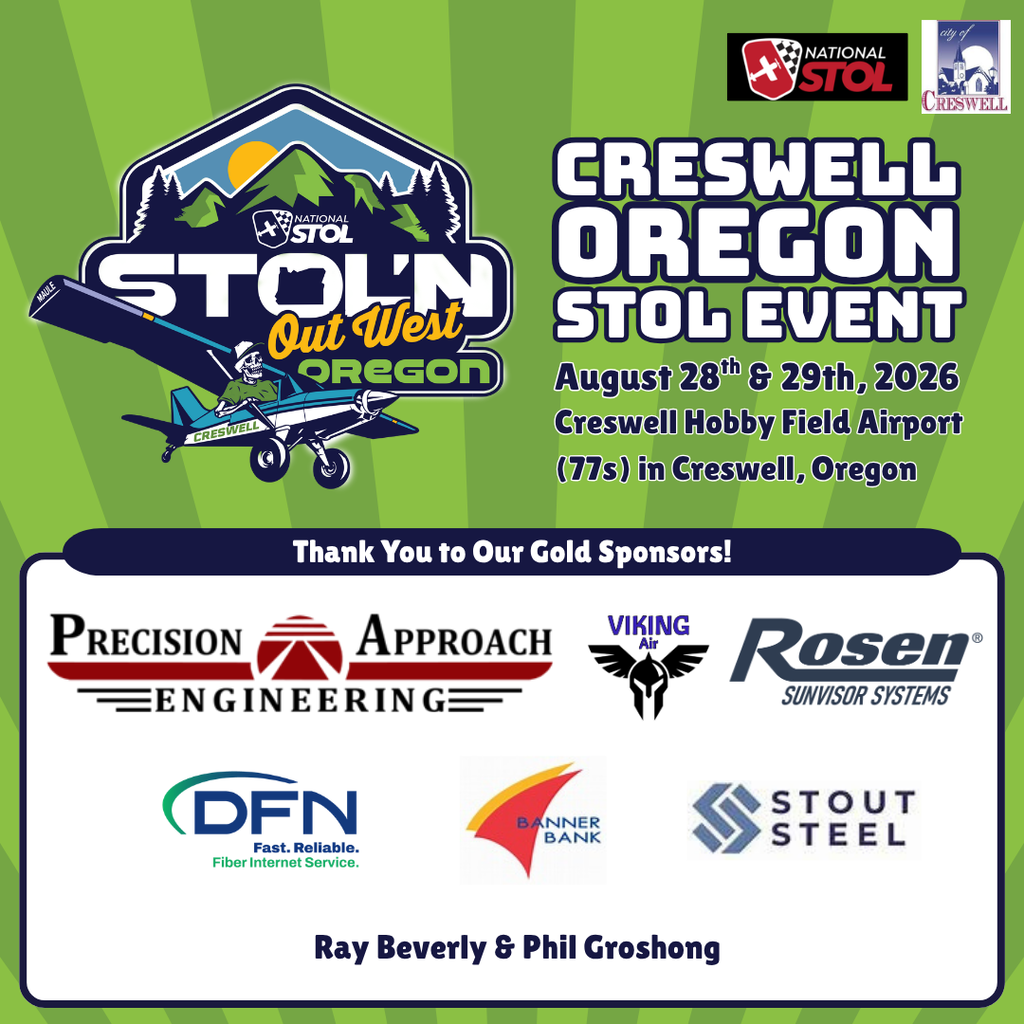 A post from the City of Creswell thanking Precision Approach Engineering, Viking Air, Rosen Sunvisor Systems, Douglas Fast Net, Banner Bank Stout Steel, and Ray Beverly and Phil Groshong for being Gold sponsors of the Creswell STOL event.