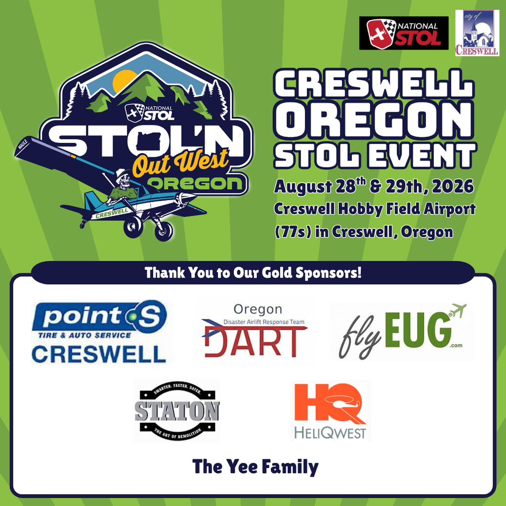 A post from the City of Creswell thanking Point S Creswell, ODART, Fly Eug, Staton, Heliquest, and the Yee Family for being Gold Sponsors of the Creswell STOL event!