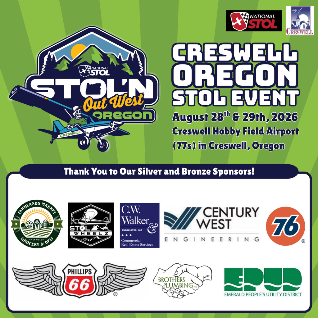 A post from the City of Creswell thanking Farmlands Market, STOL Wheelz, C.W. Walker, Century West Engineering, Creswell 76 Gas Station, Phillips 66, Brothers Plumbing, and EPUD for being Silver and Bronze Sponsors of the Creswell STOL event.