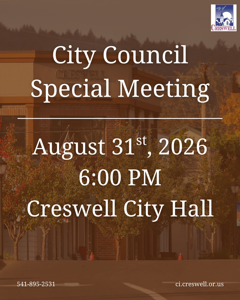 A post noticing the public of a special meeting of the Creswell City Council on August 31st, 2026, at 6pm in Creswell City Hall.