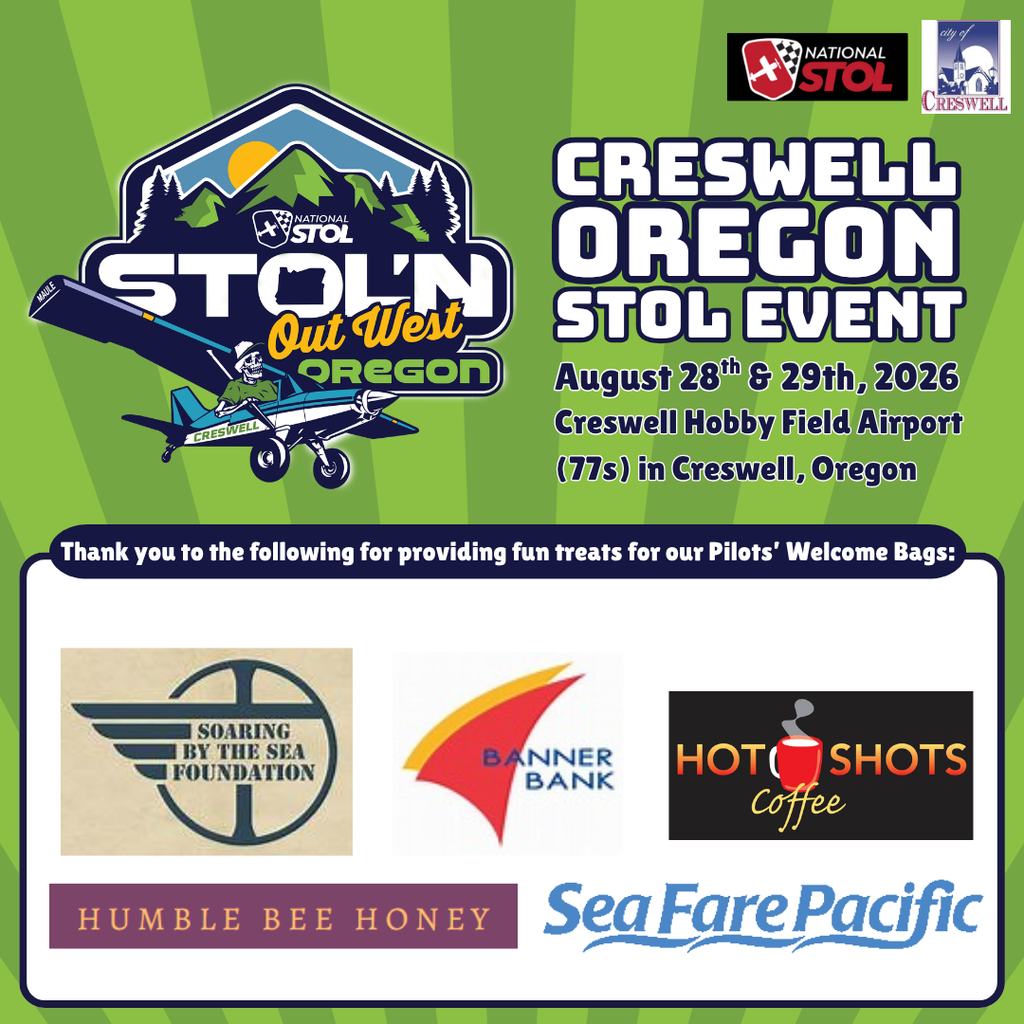 A post from the City of Creswell thanking Soaring By the Sea Foundation, Banner Bank, Hot Shots Coffee, Humble Bee Honey, and Sea Fare Pacific for their contributions to the STOL event's pilots' welcome bags.