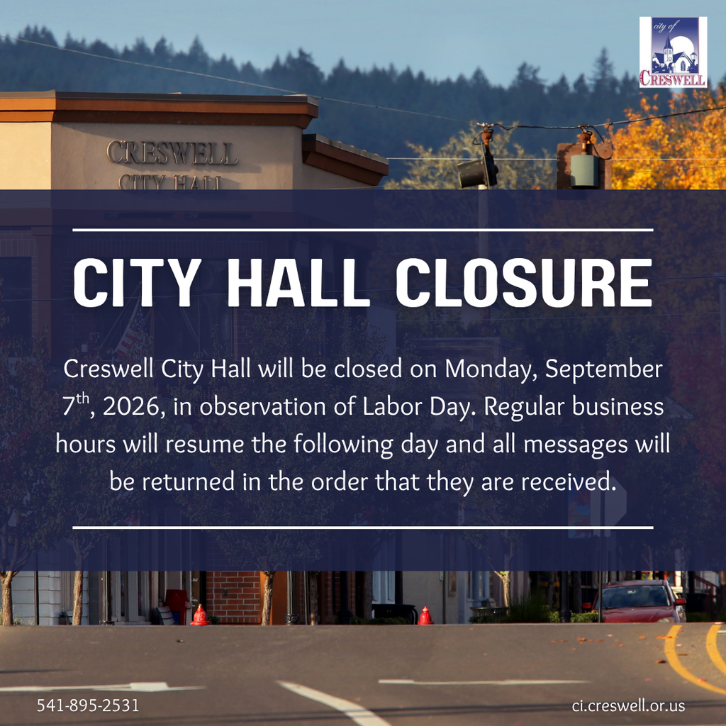 A post from the City of Creswell notifying members of the public that Creswell City Hall will be closed on Monday, September 7th, 2026, in observation of Labor Day, and that regular business hours will resume the following day.