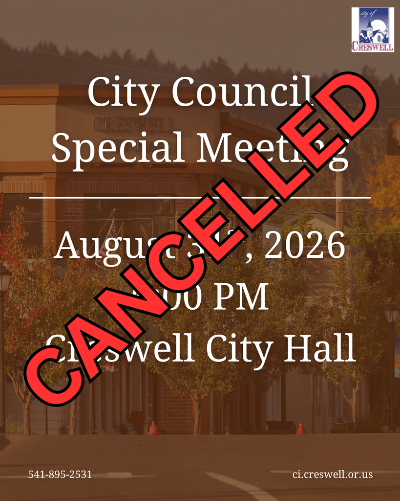 A graphic notifying the public that the August 31st, 2026, Special Meeting of the Creswell City Council has been cancelled.