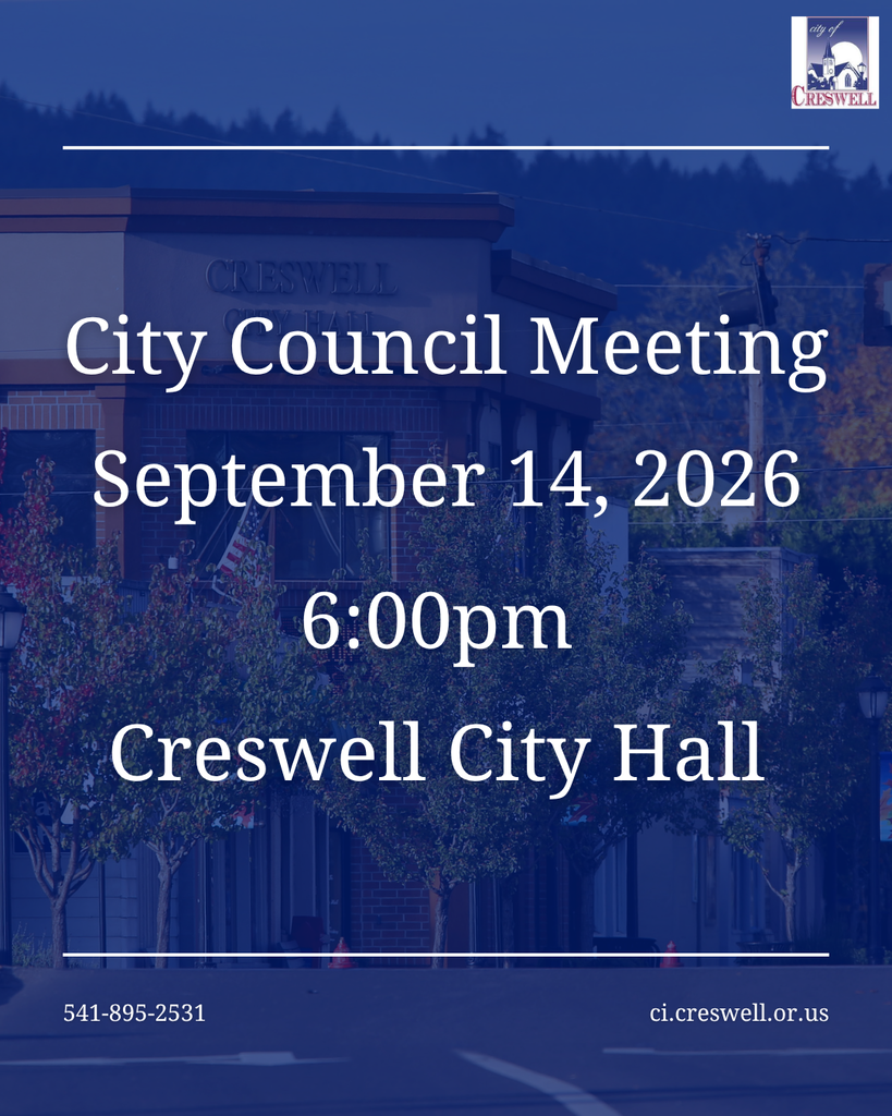 A post notifying the public that the Creswell City Council will hold their monthly meeting on Monday, September 14th, 2026, at 6pm in Creswell City Hall. 