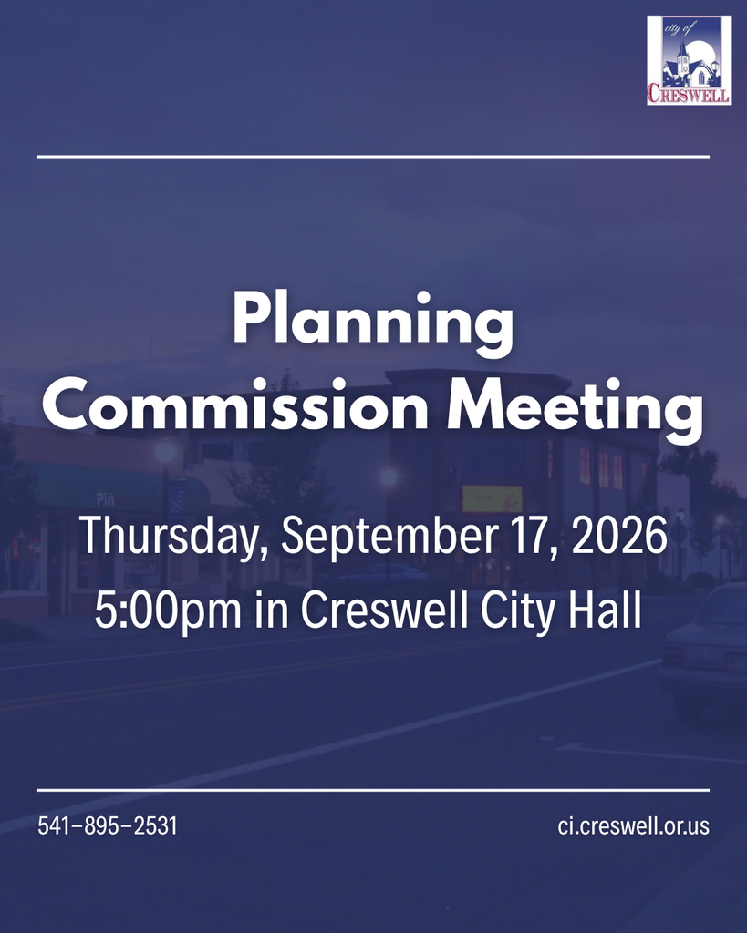 A post notifying the public that the City of Creswell Planning Commission will hold their monthly meeting on Thursday, September 17th, 2026, at 5pm in the Council Chambers of Creswell City Hall.