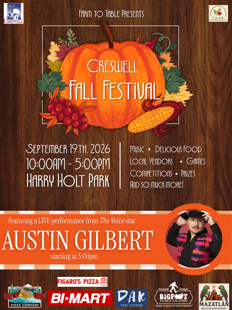 A post advertising the Creswell Fall Festival. The event will be held at Harry Holt Park on September 19th, 2026, from 10am to 5pm. Attendees can look forward to music, good, local vendors, games, competitions, prizes, and a live performance from The Voice star Austin Gilbert starting at 3pm.