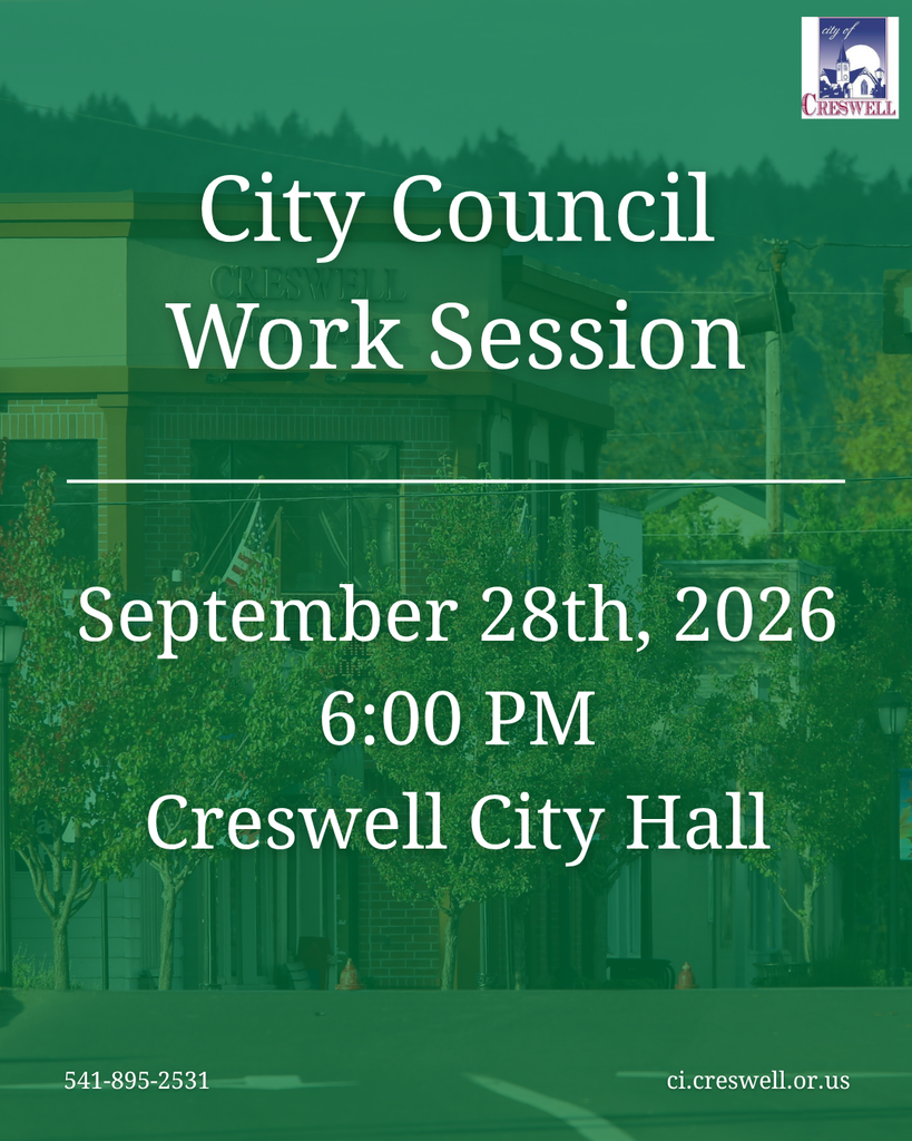 A post notifying the public that the Creswell City Council will hold their monthly work session on Monday, September 28th, 2026, at 6pm in Creswell City Hall