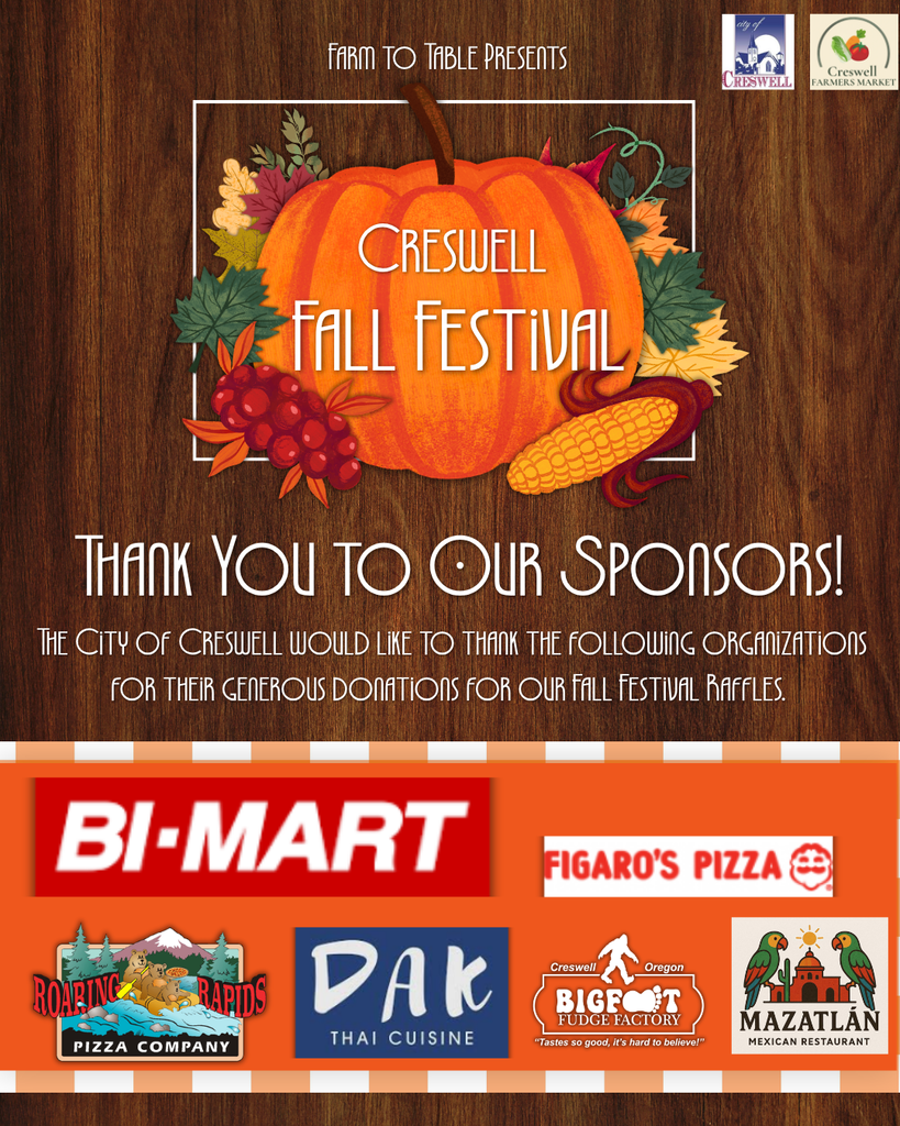 A post from the City of Creswell thanking Bi-Mart, Figaro's Pizza, Roaring Rapid's Pizza Company, Dak Thai Cuisine, Bigfoot Fudge Factory, and Mazatlan Mexican Restaurant for their generous prize donations to the Creswell Fall Festival. 