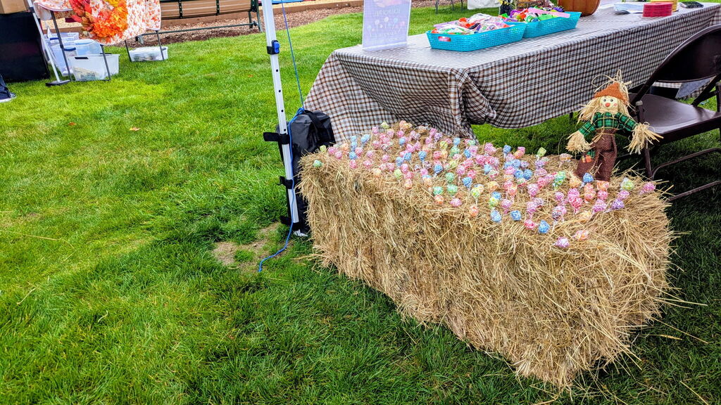 Image of the lollipop pull at the Creswell Fall Festival, with lollipops poked into a hay bale