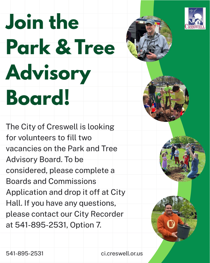 A post advertising two open volunteer positions on the City of Creswell's Park and Tree Advisory Committee. Interested residents must fill out a Boards and Commissions Application and drop it off in person at Creswell City Hall in order to be considered. 