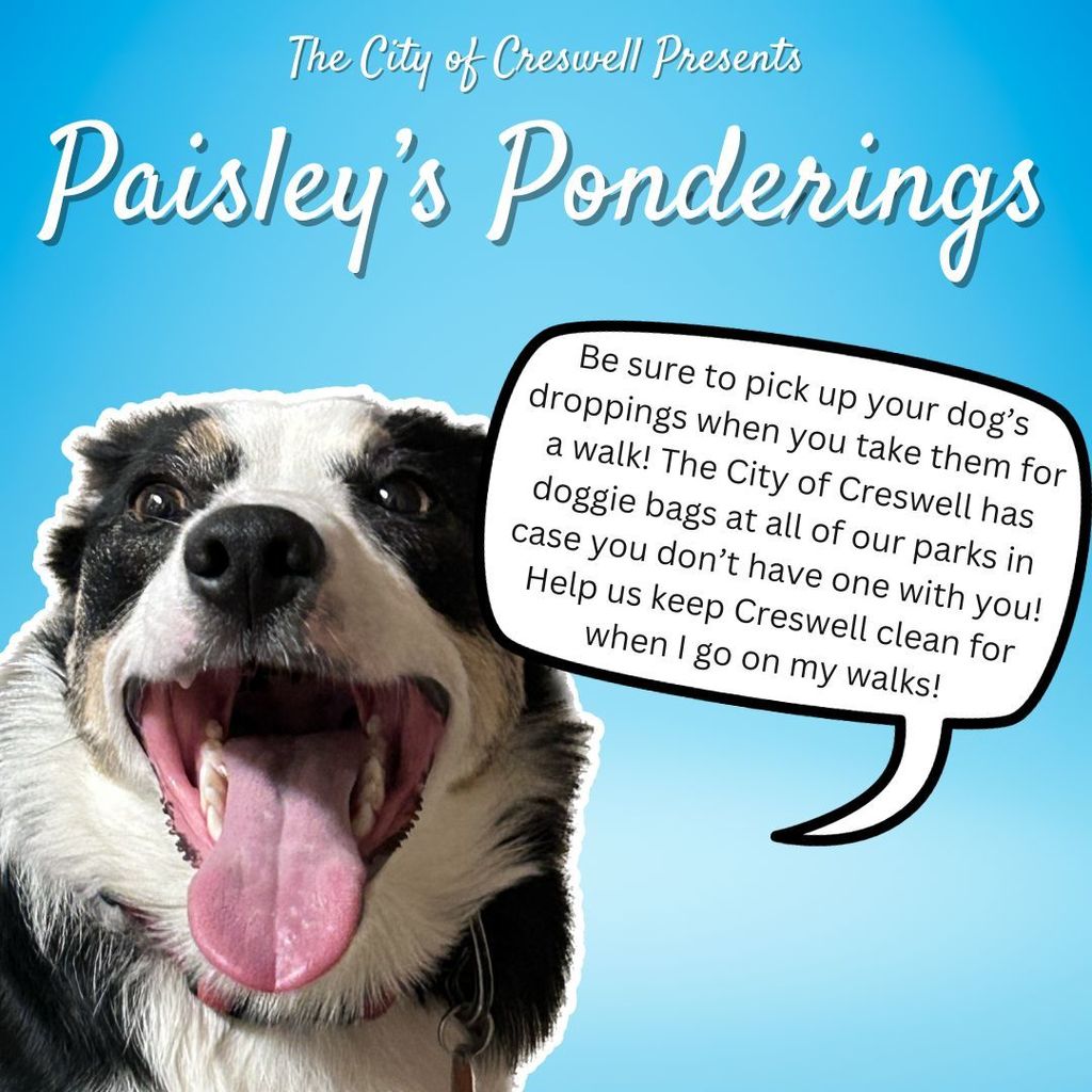 Paisley’s Ponderings Be sure to pick up your dog’s droppings when you take them for a walk! The City of Creswell has doggie bags at all of our parks in case you don’t have one with you! Help us keep Creswell clean for when I go on my walks! The City of Creswell Presents