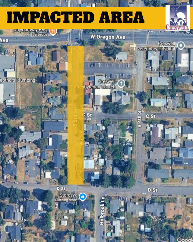 Image of the area that will be impacted by the Water line Construction Project. A yellow box that starts at Oregon Avenue and extends through South 5th Street to West D Street represents the impacted area.