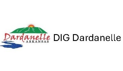 Logo of Dardanelle, Arkansas featuring a green mountain with a rising sun, a red ‘Dardanelle’ script, and a blue river graphic, with the words ‘DIG Dardanelle’ written to the right in black text.