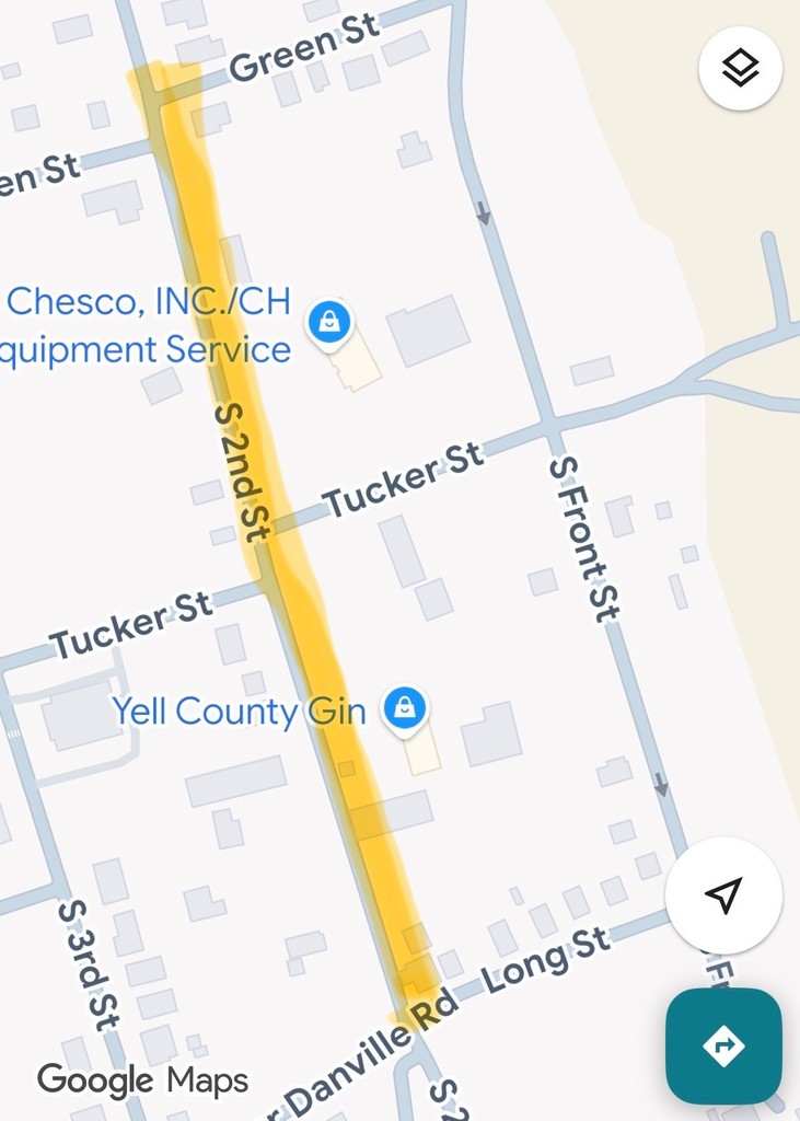 Map showing a highlighted road closure along South 2nd Street, stretching from Green Street at the north to Long Street/Danville Road at the south. Nearby streets include Tucker Street, South Front Street, and South 3rd Street. Landmarks such as Yell County Gin and Chesco, Inc./CH Equipment Service are visible adjacent to the highlighted section.