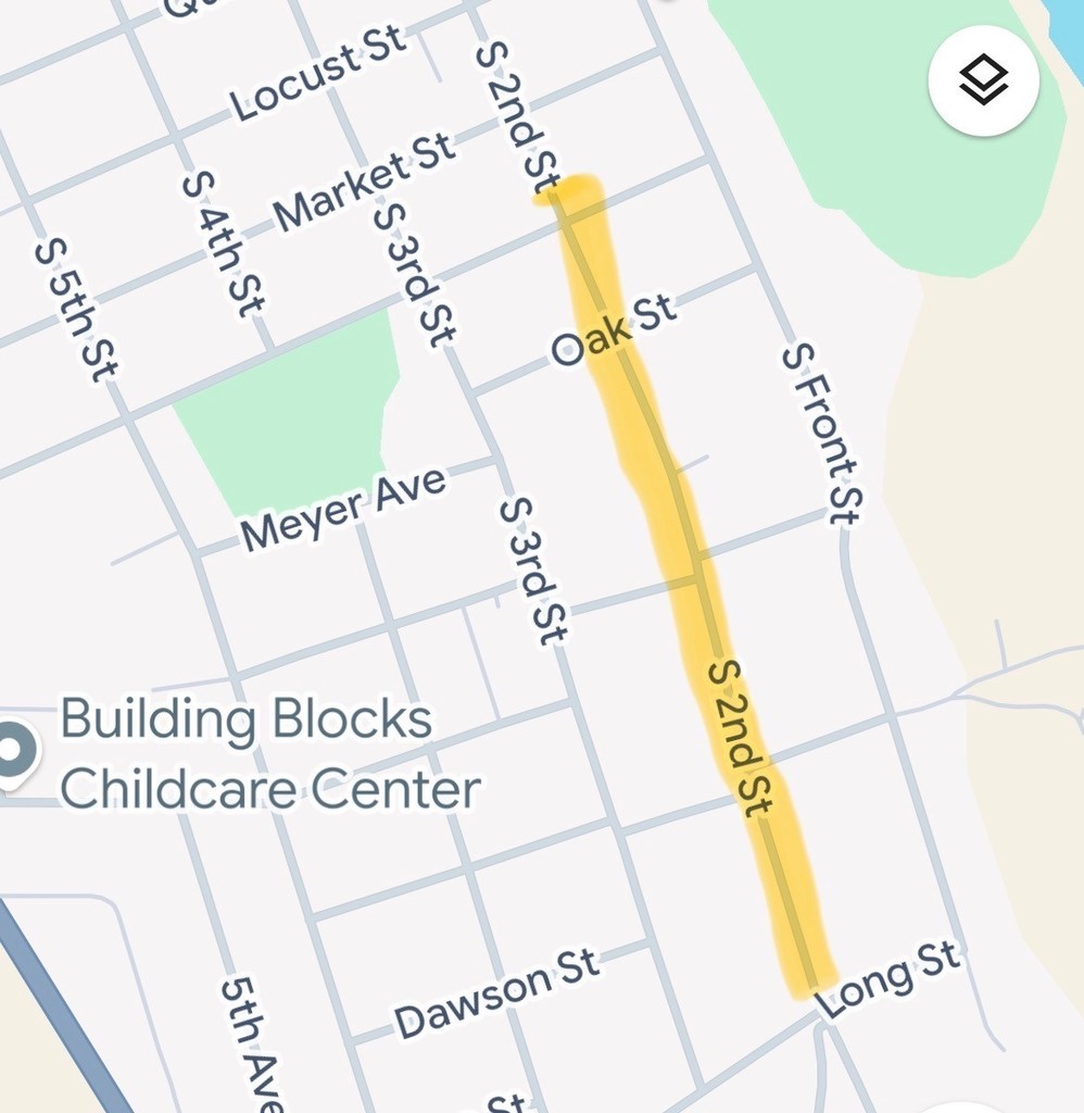 Screenshot of a city street map highlighting S 2nd Street in yellow, running north–south between Oak Street and Long Street, near Market Street, Meyer Avenue, and S Front Street, with Building Blocks Childcare Center labeled nearby.