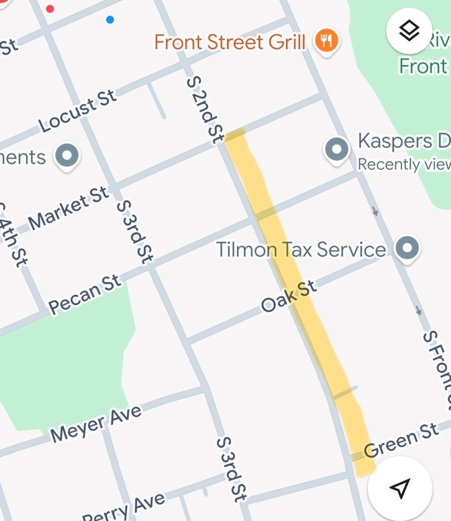 Map screenshot highlighting a road closure on South 2nd Street between Green Street and Market Street in Dardanelle. Nearby landmarks include Front Street Grill and Tilmon Tax Service. Adjacent streets shown include Oak Street, Pecan Street, and South Front Street.