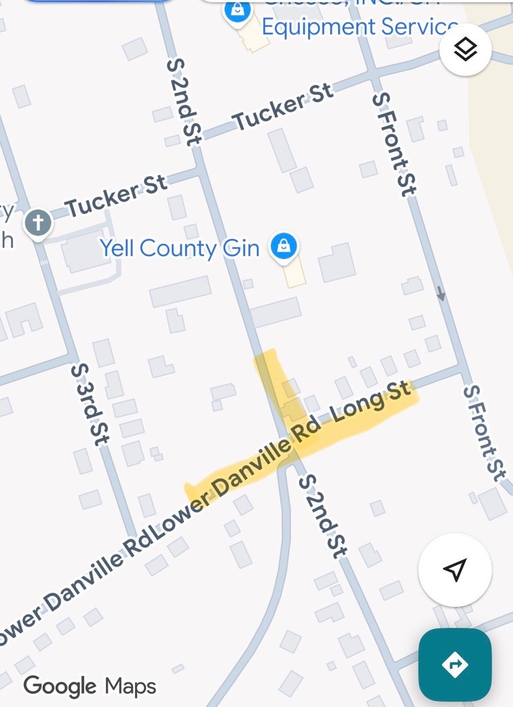 Map view showing the intersection of Lower Danville Road and South 2nd Street, with a highlighted section along Lower Danville Road extending toward Long Street. Nearby streets include Tucker Street, South Front Street, and South 3rd Street. A location marker for Yell County Gin appears just north of the highlighted area.