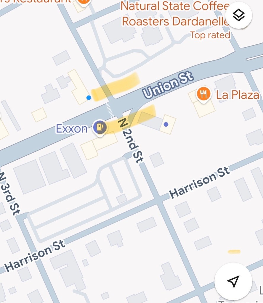 Map view showing the intersection of Union Street and North 2nd Street in Dardanelle, Arkansas. Yellow highlights mark construction areas on both sides of the intersection along Union Street and partially along North 2nd Street. Nearby landmarks include an Exxon gas station at the corner and surrounding streets such as Harrison Street and North 3rd Street. Blue dots indicate nearby locations.