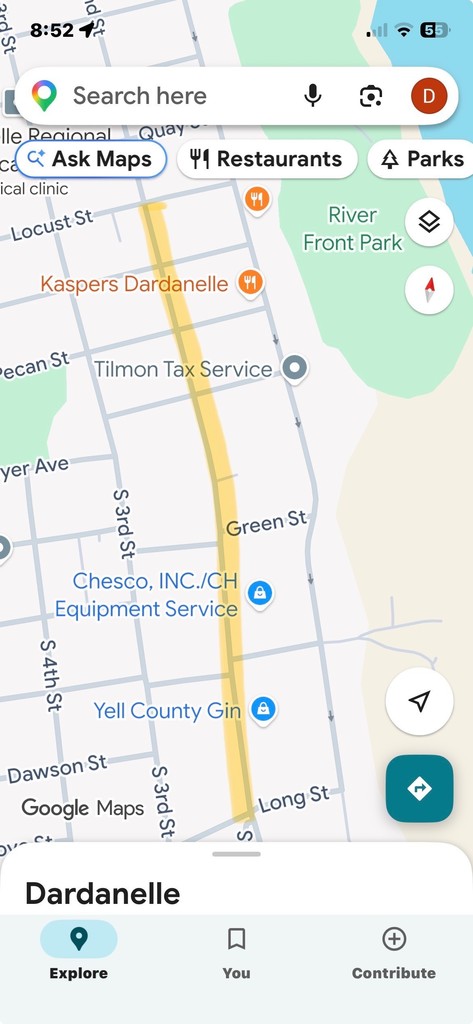 Screenshot of Google Maps showing a longer highlighted yellow section of North 2nd Street in downtown Dardanelle, Arkansas, extending from Locust Street south toward Long Street. Nearby locations include Kaspers Dardanelle, River Front Park, Chesco Equipment Service, and Yell County Gin. The yellow overlay indicates a construction or traffic advisory along the roadway.