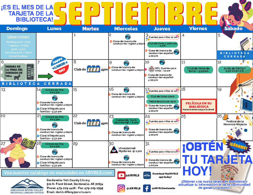 Spanish-language September 2026 monthly calendar for the Dardanelle-Yell County Library. The calendar includes events such as Club de Libros y Películas, Club de Libros de Terror, Clase de Licencia de Conducir en Inglés y Español, Cuentos para Niños, Círculo de Hilo, Clase Bilingüe para Familias, Clases de Junk Journaling, Unexplained Mysteries, and Película en tu Biblioteca. Colorful library-themed illustrations decorate the calendar, with library hours, contact information, social media, and Arkansas River Valley Regional Library System branding along the bottom.