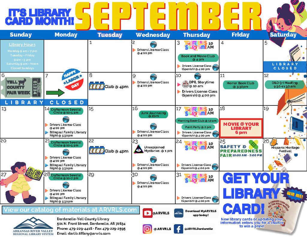 September 2026 monthly calendar for the Dardanelle-Yell County Library. The calendar lists library events throughout the month, including Book and Movie Club, Horror Book Club, Driver’s License Classes, DPL Storytime, Bilingual Family Literacy Night, Junk Journaling, an Unexplained Mysteries program, and a Movie at Your Library. Colorful library-themed illustrations decorate the calendar. Library hours, contact information, social media, and Arkansas River Valley Regional Library System branding appear along the bottom.