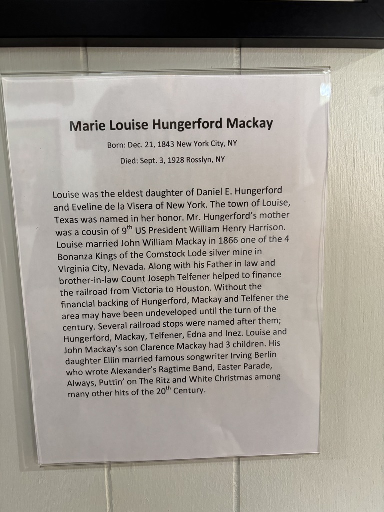 Texana Museum text regarding Louise Mackay