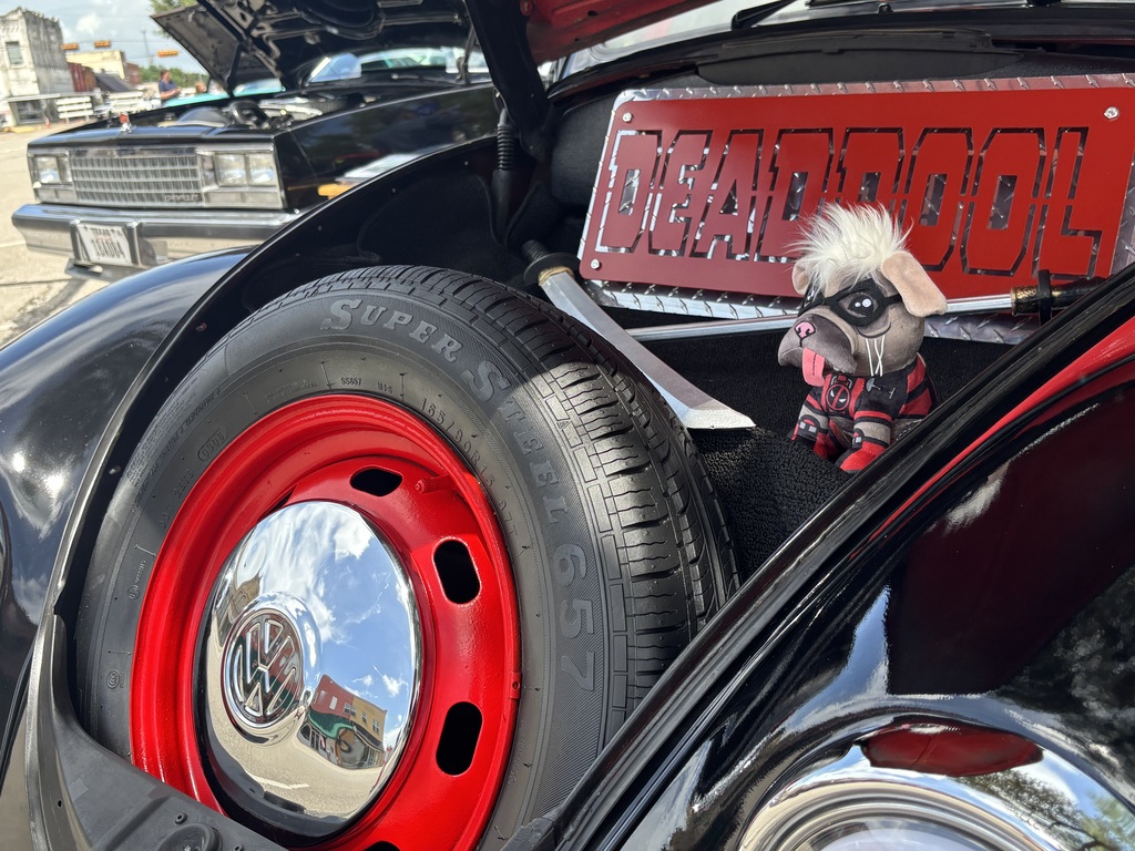 Deadpool inside a 1968 VW Beetle