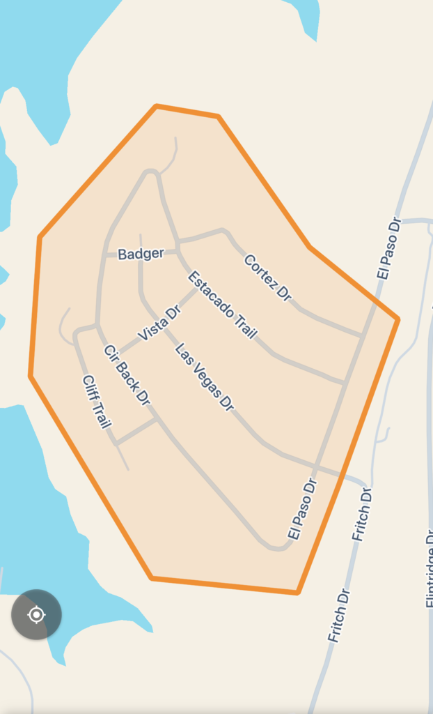 Map of Lake Meredith Harbor, addition including Cortez Dr through Cliff Trail including El Paso Dr and west.