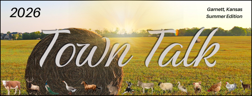 Town Talk Header with haybales animals and sunshine with treeline