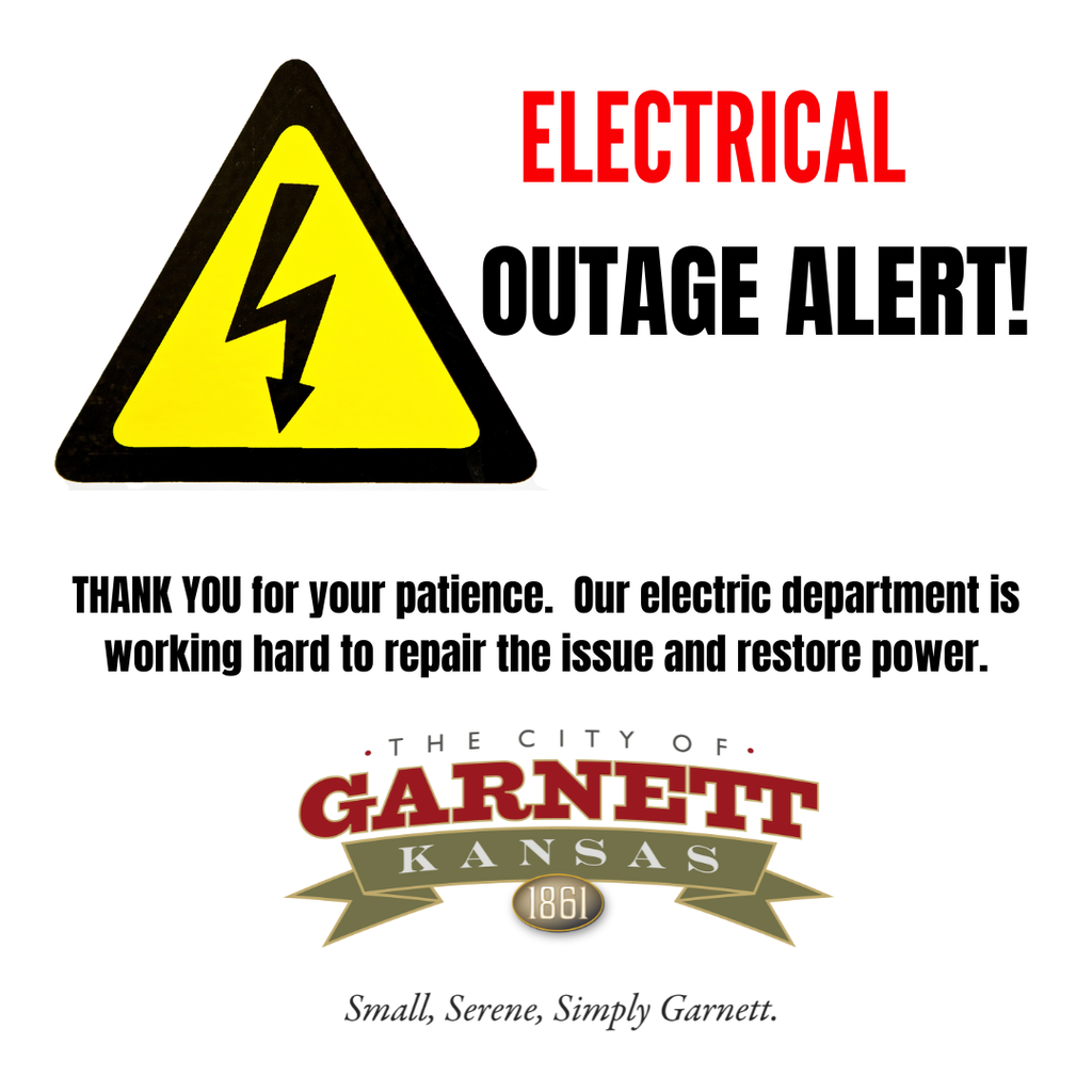 Electrical outage alert for Garnett with Garnett logo, and power outage sign
